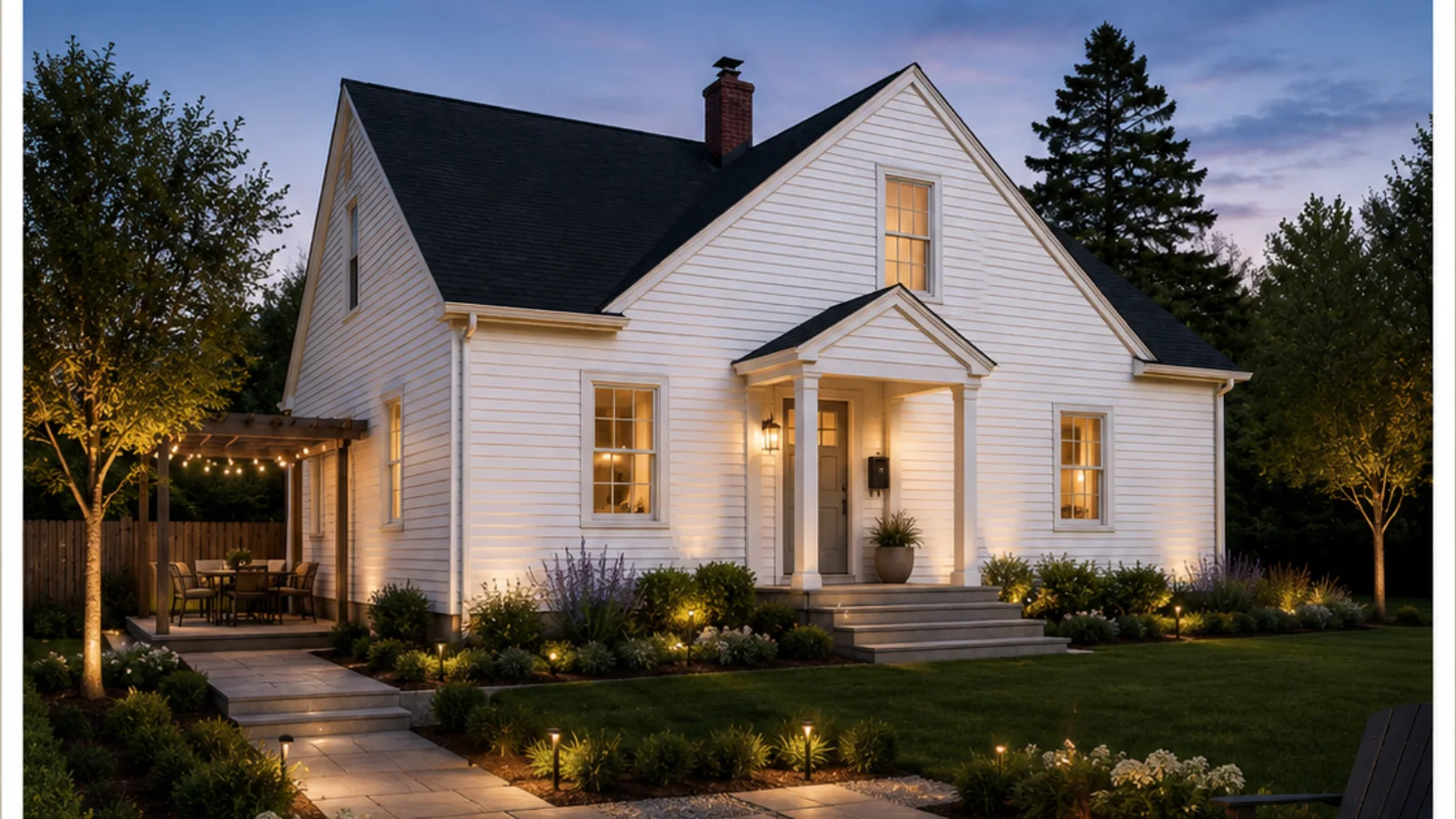 Randare AI a unei case albe în stil farmhouse la apus, cu curtea amenajată premium: alee pavată, iluminat arhitectural, pergolă cu ghirlande și straturi de plante