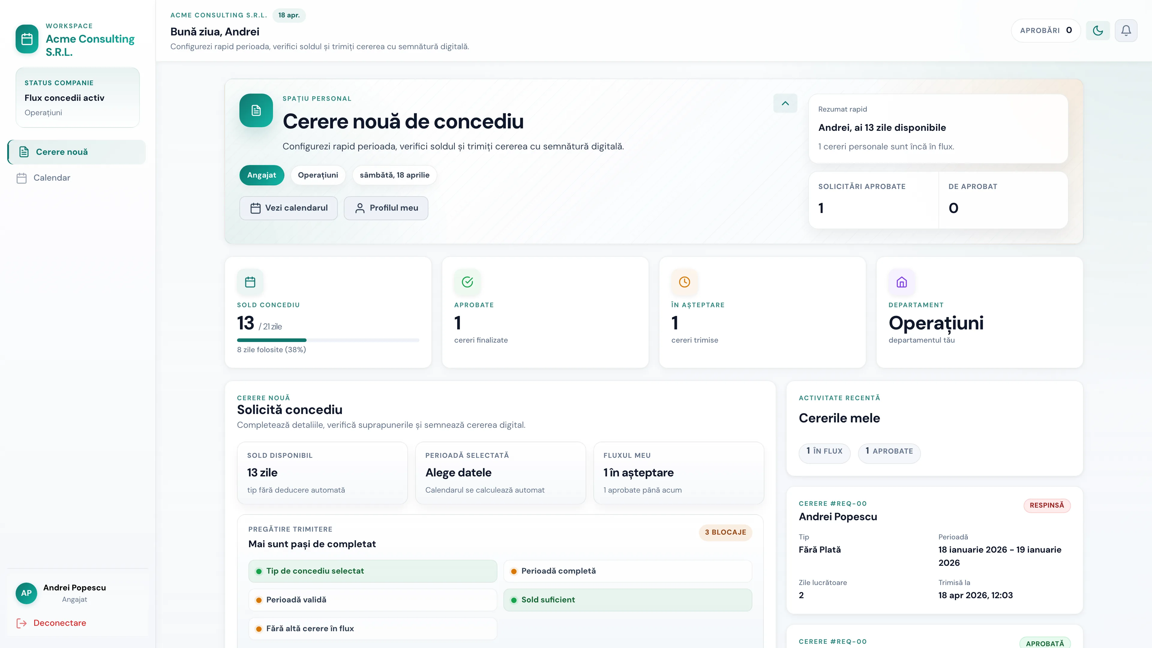 Dashboard OutOfDesk cu cereri, aprobări și rezumat operațional.