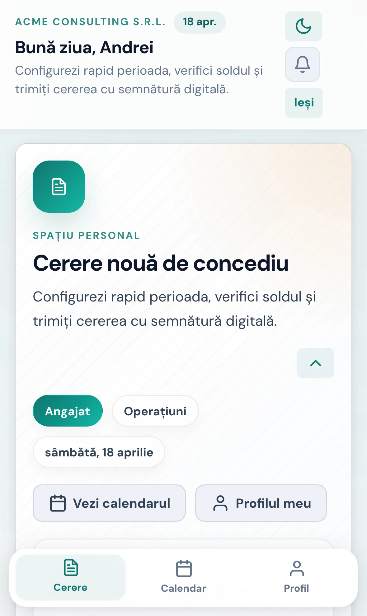 Dashboard angajat în OutOfDesk pe iPhone, vedere portrait.