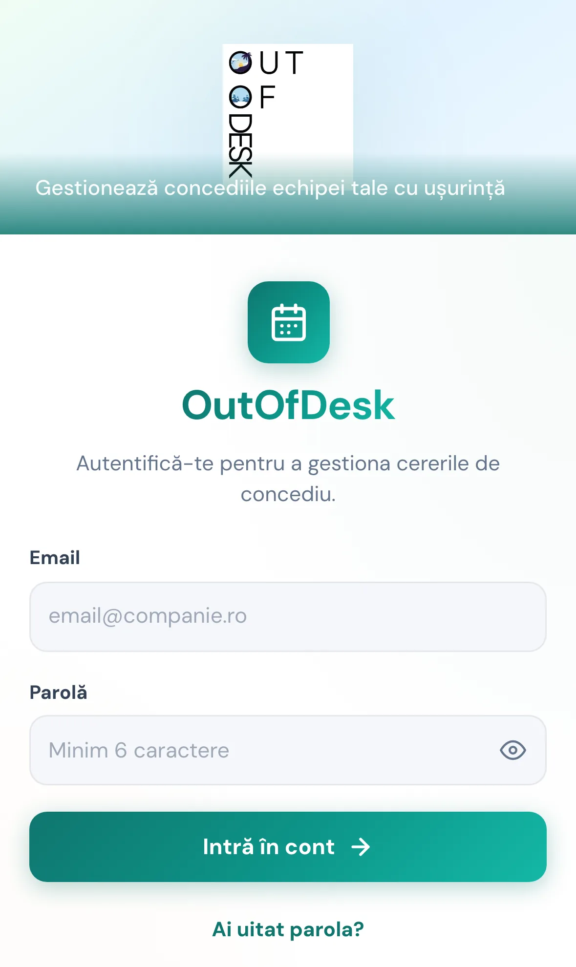 Login OutOfDesk pe iPhone, format portrait.