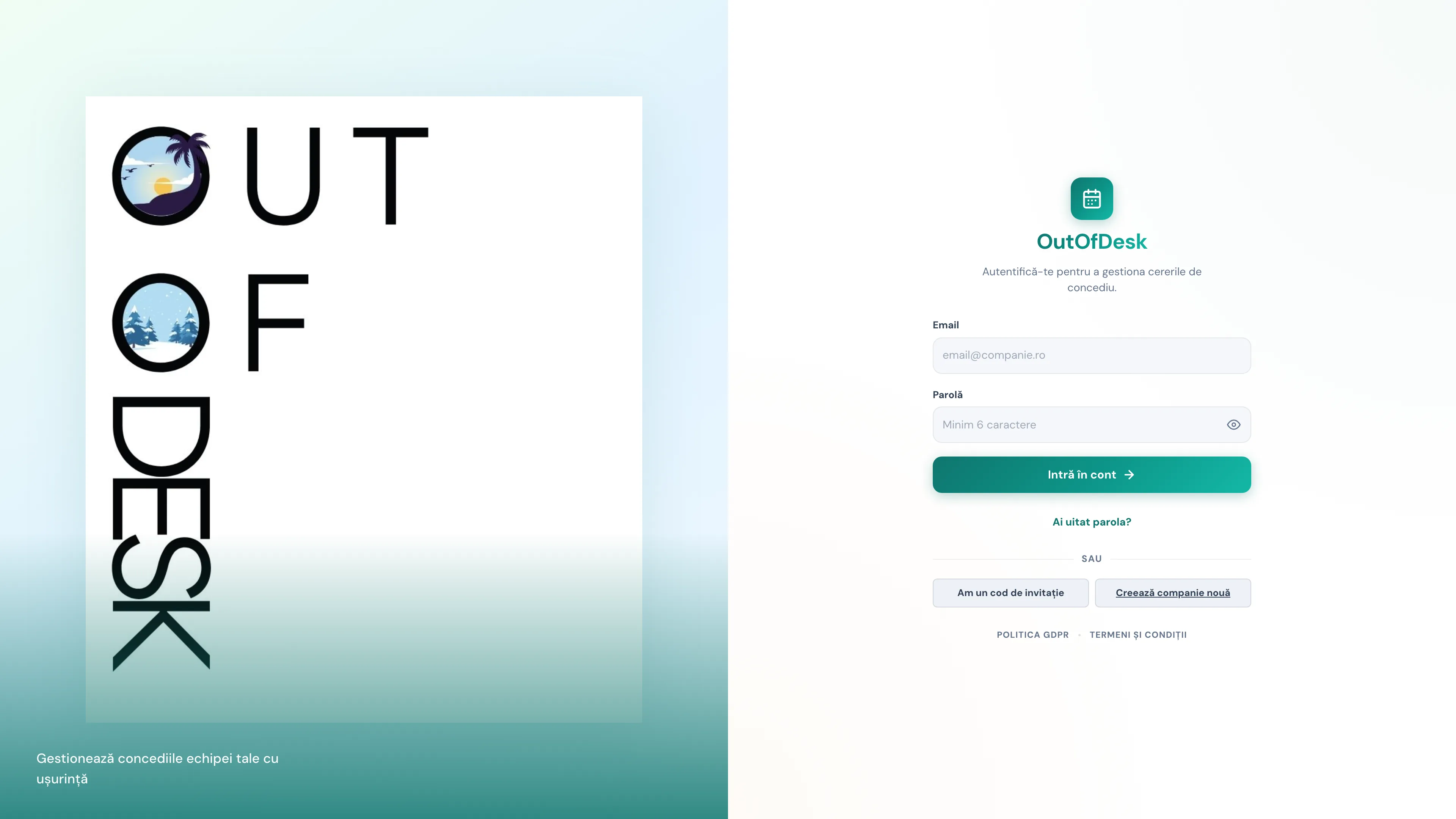 Pagina de login OutOfDesk cu câmp email, parolă și link politică GDPR.